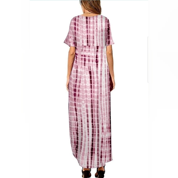 💚Summer Maxi Dress Short Sleeve V Neck Casual Loose Long Beach Split Dresses wi - Picture 5 of 5